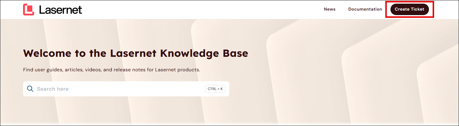 The Create Ticket button on the Lasernet Knowledge Base.